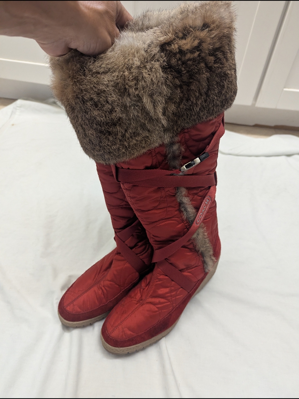 Coach Y2K Mackenzie Rabbit Fur Wedge Knee High Monogram Logo Boots Women's 9 - Picture 15 of 15